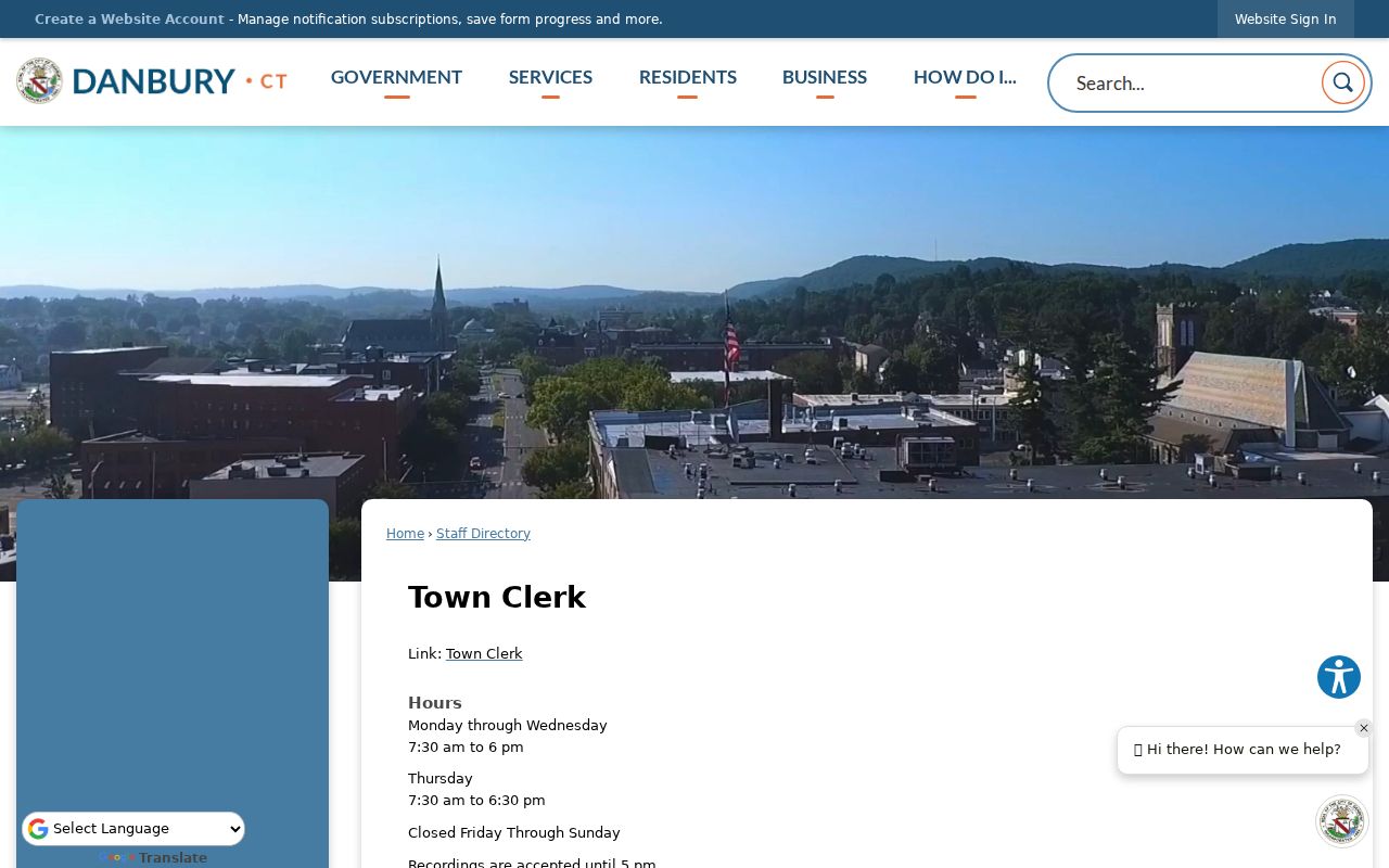 Danbury City Clerk of the Superior Court records Town Clerk staff directory
