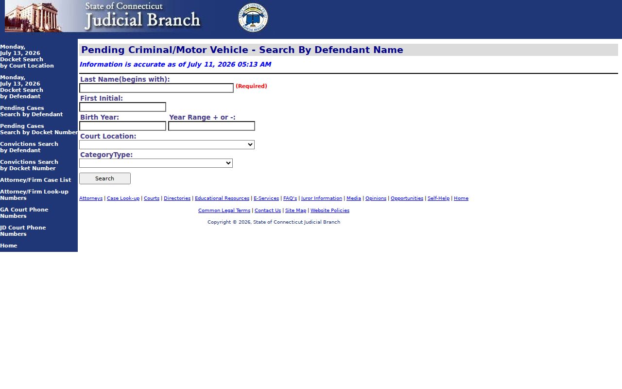 Danbury court dockets pending criminal defendant search