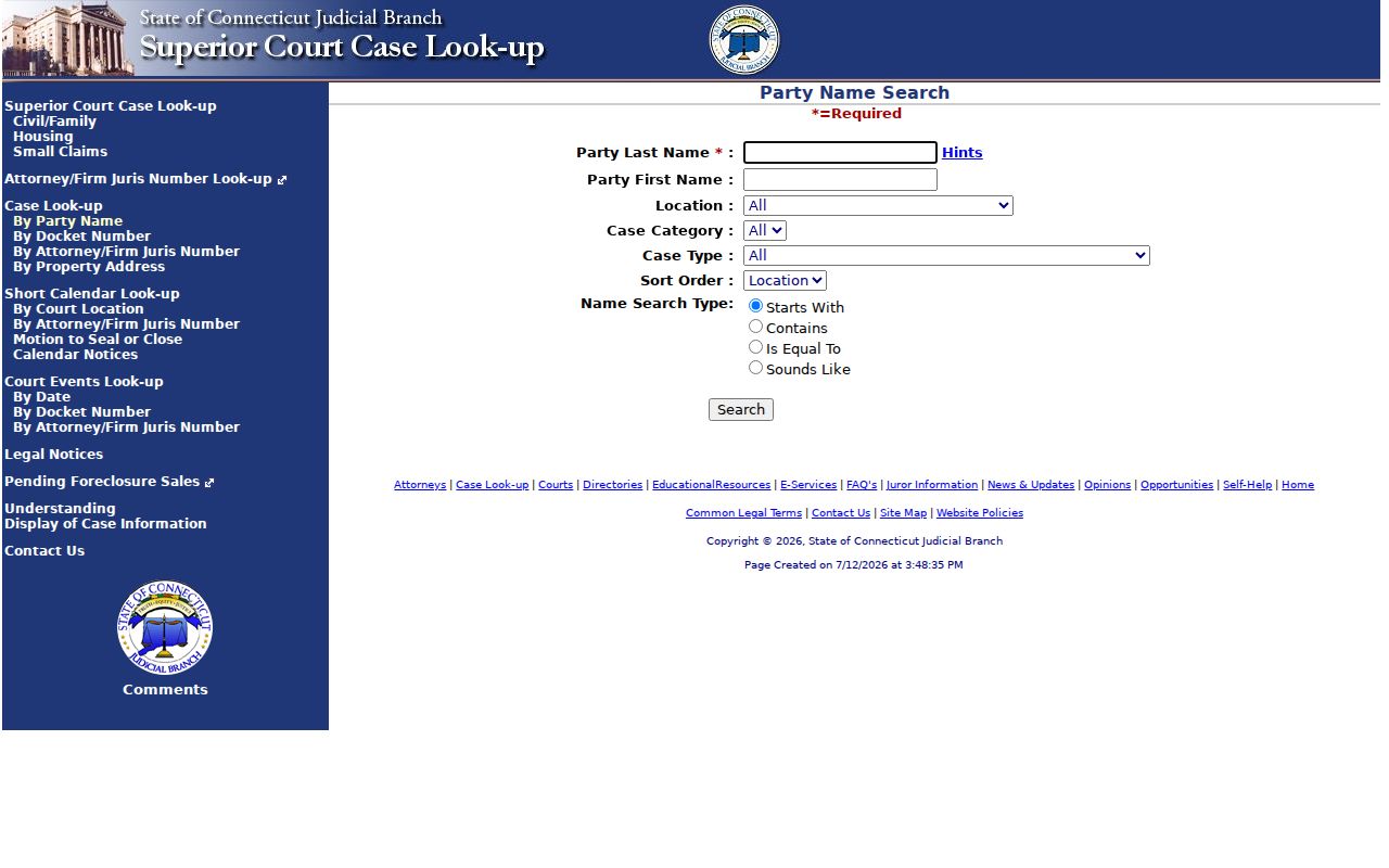 Danbury court records civil family party search fields