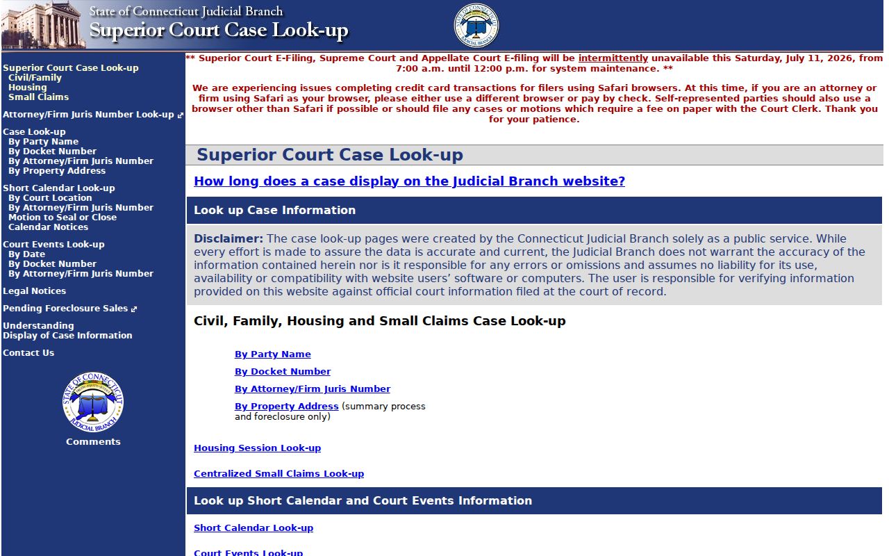 Danbury court records Superior Court civil and family lookup