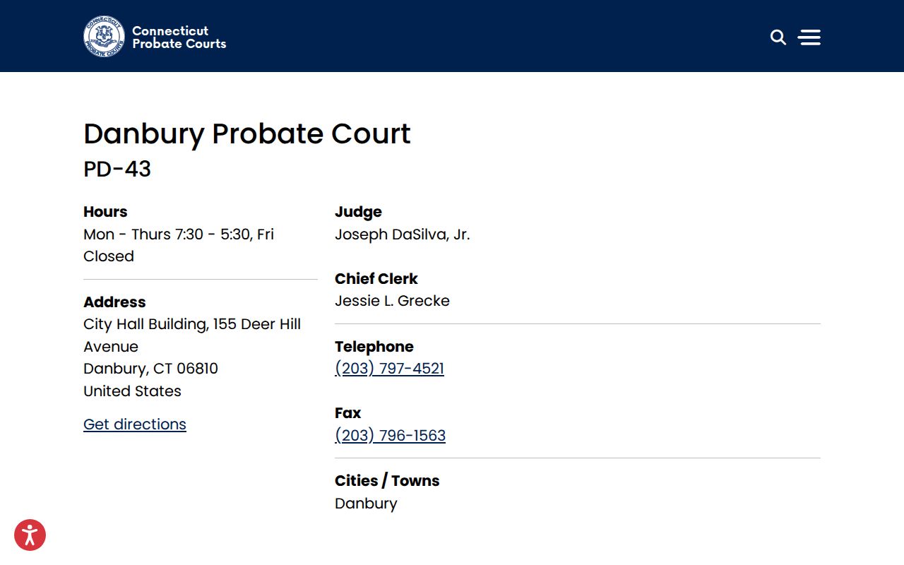 Danbury City probate records Danbury Probate Court page