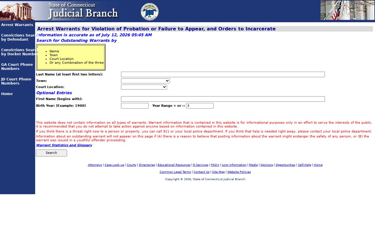 Danbury warrant records Judicial Branch arrest warrant lookup